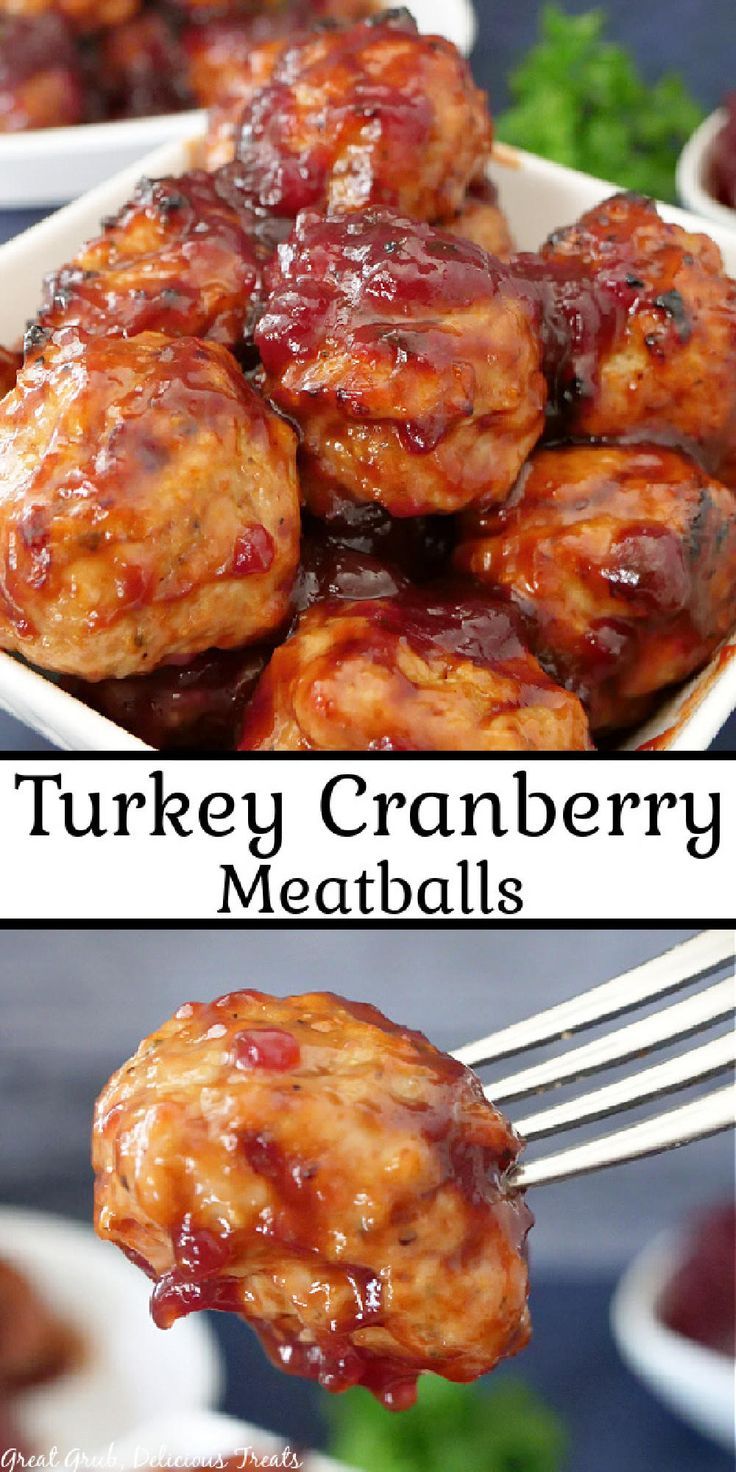 Collage of closeup shot of turkey cranberry meatballs in white bowl at top and closeup shot of forkful of turkey cranberry meatball at bottom. Moist Turkey Meatballs, Turkey Cranberry Meatballs, Holiday Meatballs, Meatballs Turkey, Pig Shots, Baked Turkey Meatballs, Meatballs Baked, Cranberry Meatballs, Turkey Cranberry