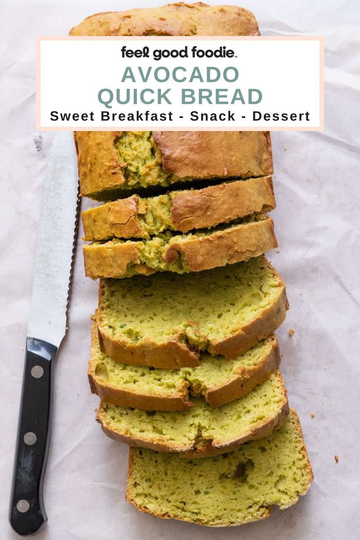 sliced loaf of avocado quick bread next to a knife