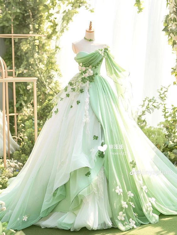 Green House Wedding Dress, Mint Green Gown For Debut, Wedding Dress Light Green, Wedding Dress Emerald Green, White Wedding Dress Green Accents, Wedding Dress With Sage Green Accents, Spring Princess Dress, Pastel Green Ball Gown, Funny Dresses Weird