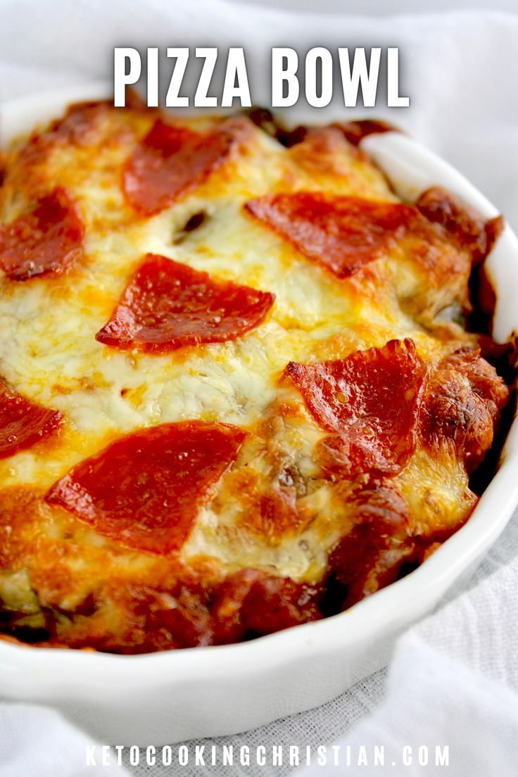 a close up of a pizza in a dish on a table with text overlay