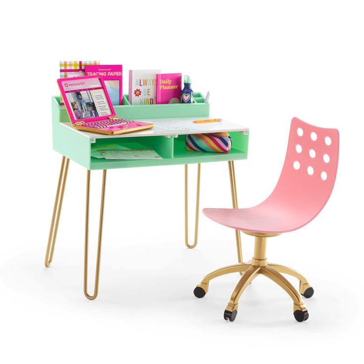 a desk with a pink chair next to it