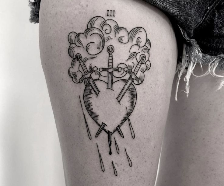 a woman's thigh with a clock and clouds tattoo on her leg, which is drawn in black ink