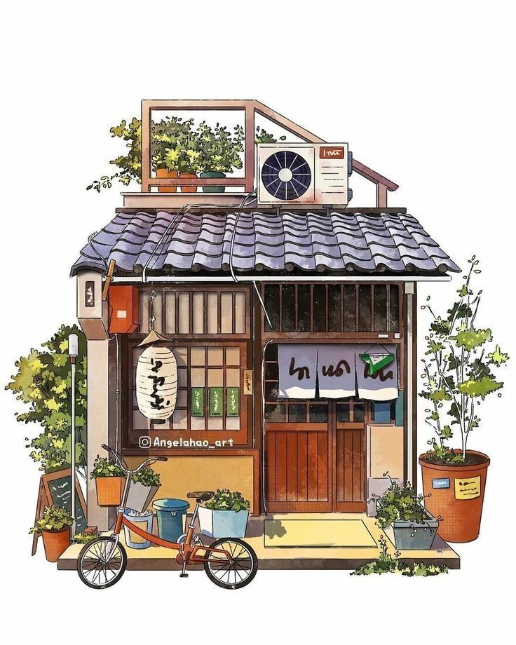 a watercolor painting of a store front with bicycles parked outside