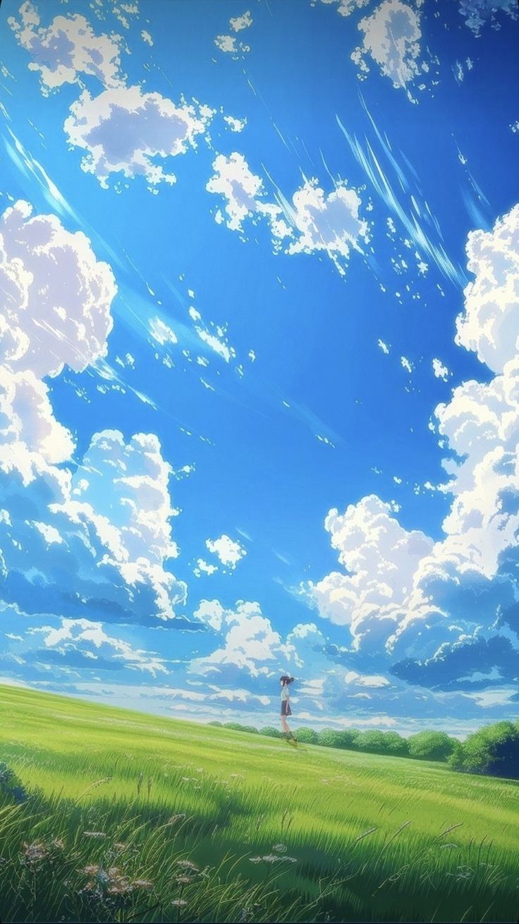 an anime scene with the sky and clouds in the foreground, grass on the ground