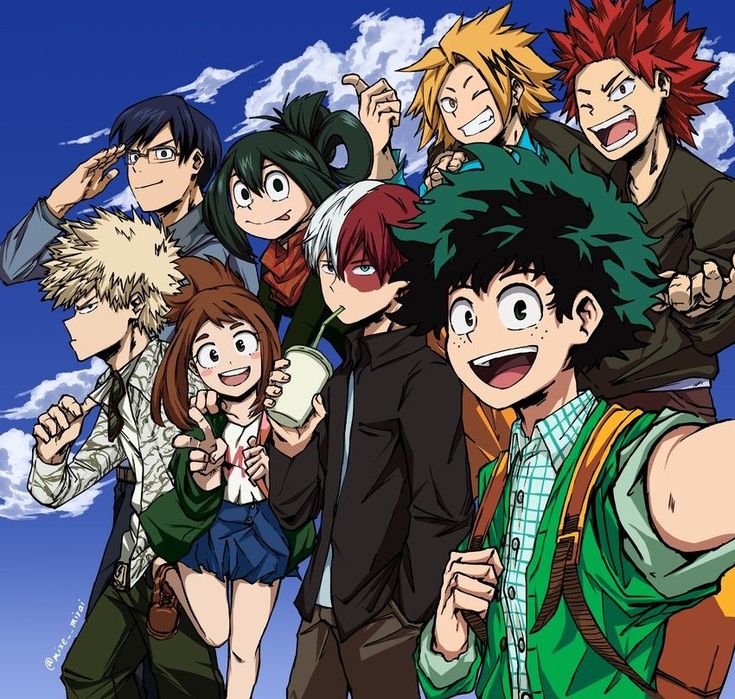 anime characters posing for the camera with clouds in the background