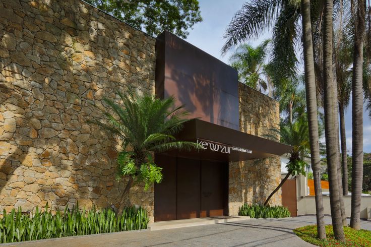 an entrance to a building with palm trees in the foreground and a stone wall behind it