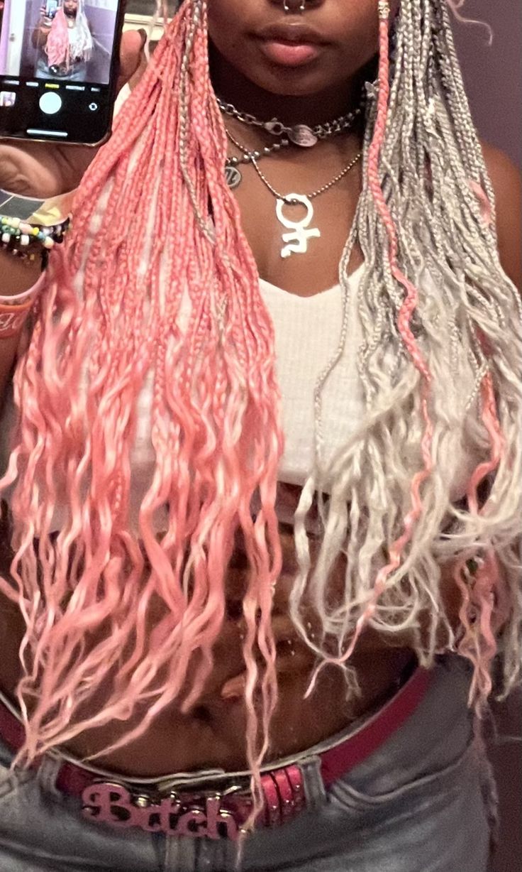 Pink And White Braids For Black Women, Pink And White Box Braids, Silver Braids Black Women, Pink Jade Braids, Split Dyed Braids, Blond And Pink Braids, Split Dye Braids, Pink And Green Braids, Pink And White Braids