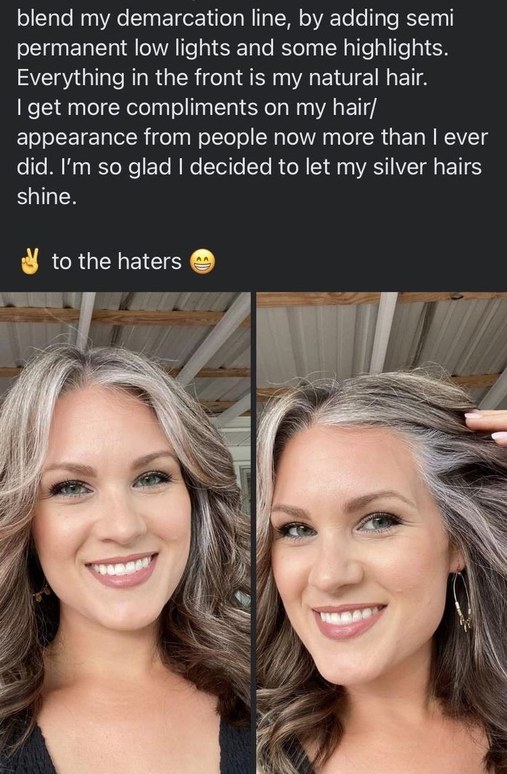 Blending Dark Hair With Grey Roots, Transition Gray Hair With Highlights, Womens Haircuts With Layers, Blend Gray Roots Brunettes, Transition Brunette To Gray, Best Hair Color To Hide White Hair, Highlights On Brown Hair To Hide Gray, Blonde Grey Brown Hair, Camoflauge Gray Hair With Highlights