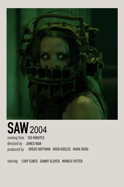 the poster for saw, which features a woman with her head covered in metal parts