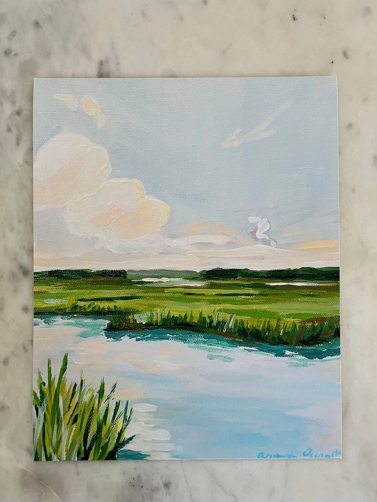 an oil painting of a marshland scene with green grass and blue sky in the background