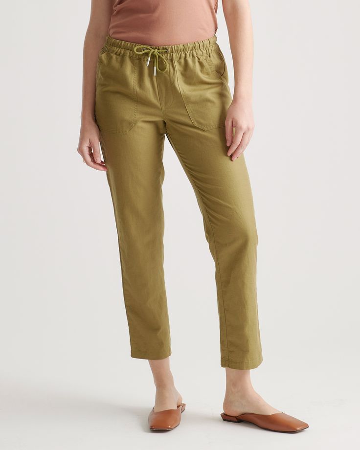 Cotton Linen Twill Straight Leg Pant Relaxed Cotton Pants With Pull-on Style, Relaxed Green Bottoms With Pockets, Relaxed Fit Bottoms With Patch Pockets For Loungewear, Casual Green Linen Bottoms, Relaxed Cotton Pants With Elastic Waistband, Relaxed Green Cotton Bottoms, Khaki Linen Bottoms With Pockets, Cotton Lounge Pants With Patch Pockets, Khaki Cotton Beach Pants