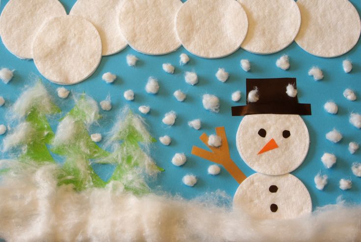 a snowman made out of felt on a blue background with white clouds and trees