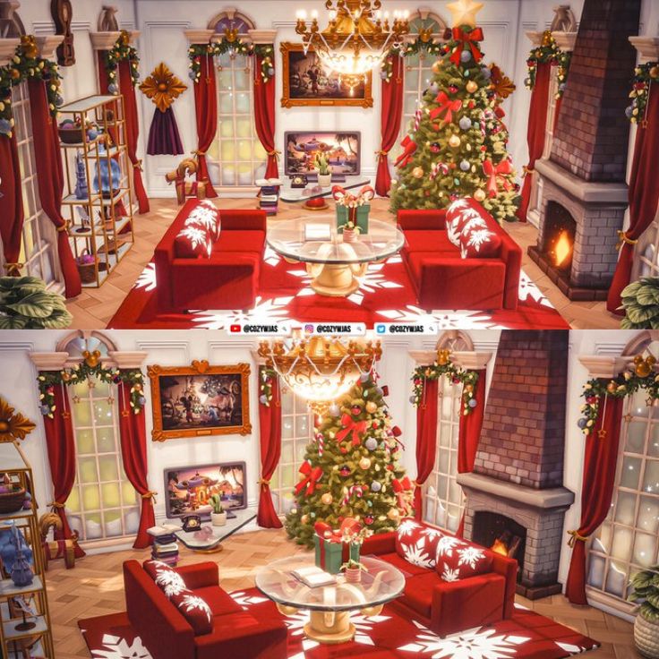 two pictures of a living room decorated for christmas