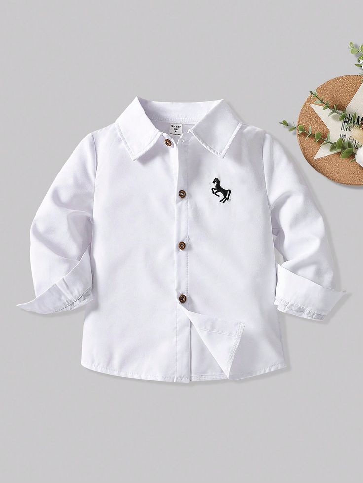 White Casual Collar Long Sleeve Fabric Animal Shirt Embellished Non-Stretch  Young Boys Clothing White Collared Embroidered Shirt, White Embroidered Collared Shirt, White Embroidered Long Sleeve Shirt, White Embroidered Button-up Shirt, White Embroidered Long Sleeve Top, Embroidered White Collared Shirt, Embroidered Long Sleeve Shirt, Horse Embroidery, Fabric Animals