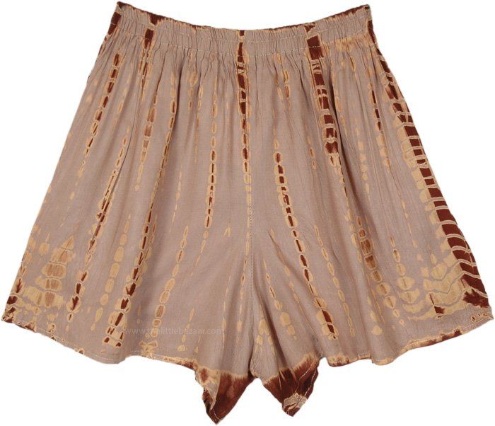 These soft and comfortable shorts are good for a multitude of aesthetics, from earth core to country to apt to wear to festivals.  The casual shorts have an elastic drawstring waist and feature a captivating brown and beige scale tie-dye effect, adding a unique touch to your outfit. #tlb #beachwrap #TieDye #bohemianfashion #FestivalWear Hippie Style Brown Bottoms For Spring, Brown Hippie Bottoms For Festival, Hippie Style Brown Bottoms For Festival, Hippie Style Brown Festival Bottoms, Brown Cotton Shorts For Summer, Brown Bottoms For Spring Festival, Casual Brown Bottoms For Festival, Bohemian Brown Bottoms With Elastic Waistband, Bohemian Brown Relaxed Fit Bottoms