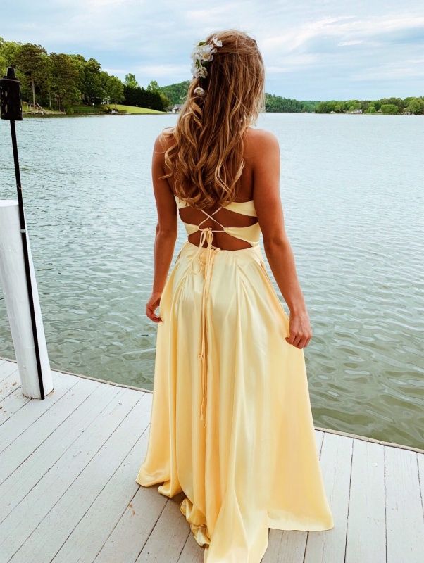 Yellow Satin Prom Dress, Yellow Evening Dresses, Evening Dress Long, Trendy Prom Dresses, Prom Dresses Yellow, Spaghetti Strap Prom Dress, Evening Party Gowns, Cute Prom Dresses, Pretty Prom Dresses