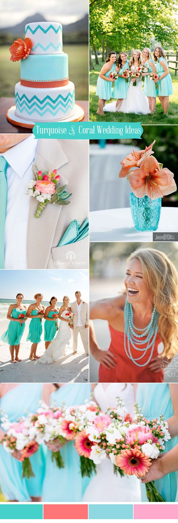 a collage of different pictures with flowers and people in the background wearing blue dresses