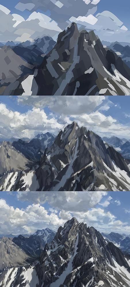 three different views of mountains with clouds in the sky and below them, from top to bottom