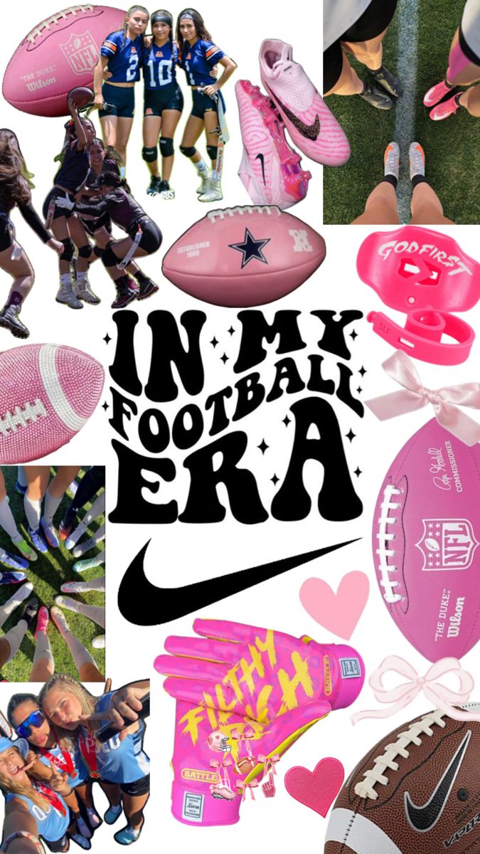 a collage of sports related items including pink shoes, football gloves and mitts