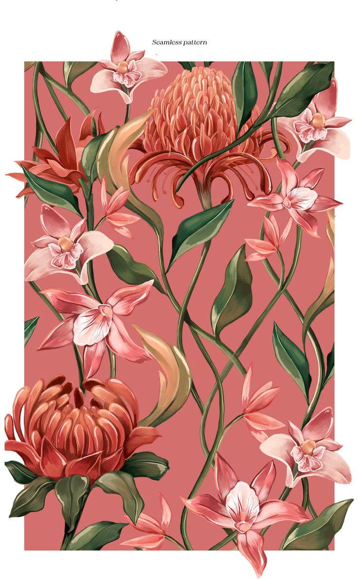 a pink floral wallpaper with flowers and leaves