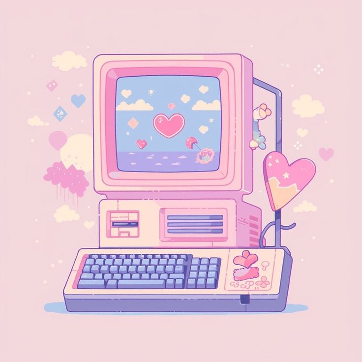 an old computer with hearts on the screen