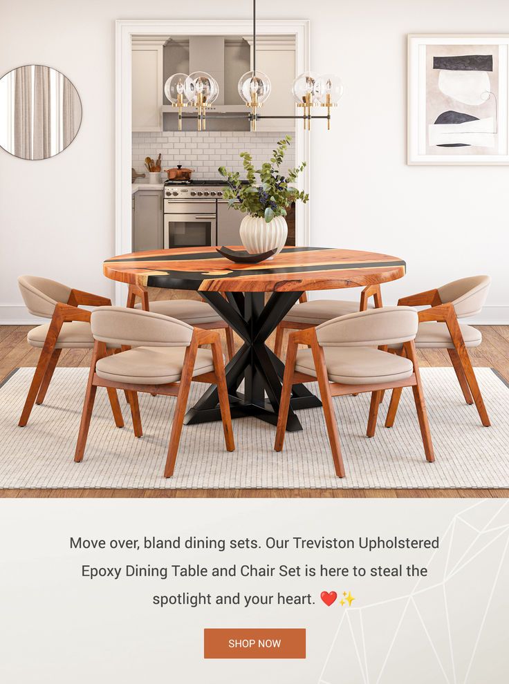 a dining room table and chairs with the text move over, dining sets our transition upholstered