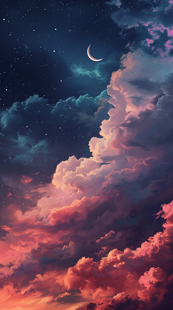 the sky is filled with clouds and stars