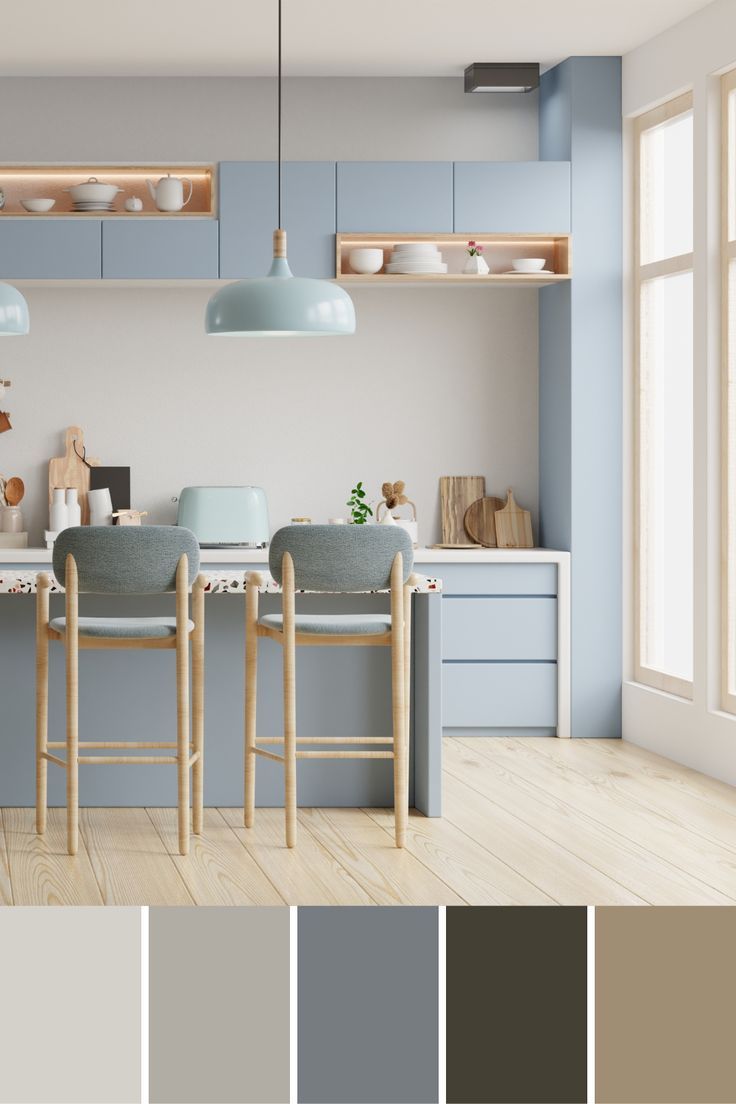 Pastel Kitchen Inspiration, Home Decor Pastel Color Office Interior, Pastel Color Kitchen Ideas, Light Blue Kitchen Color Scheme, Pastel Blue Dining Room, Pastel Coloured Kitchen, Blue Aesthetic House Interior, Pastel Scandi Kitchen, Cute Kitchen Color Schemes, Wall Pastel Color Ideas