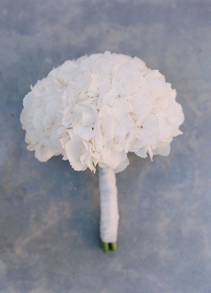 a bouquet of white flowers sitting on top of a cement floor next to a wall