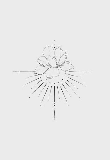 a black and white drawing of a flower with rays coming out from the center on a gray background