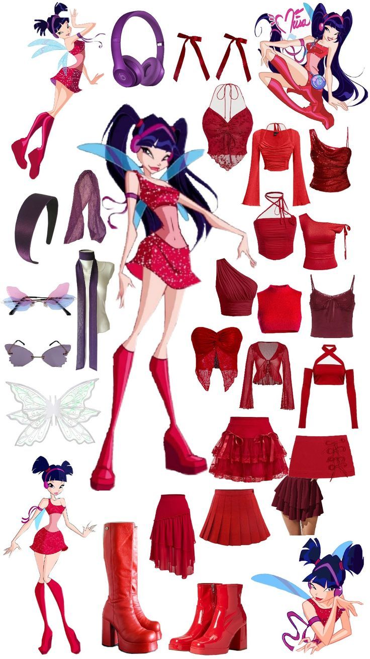 an anime character is dressed in red and has lots of clothes, shoes, and accessories