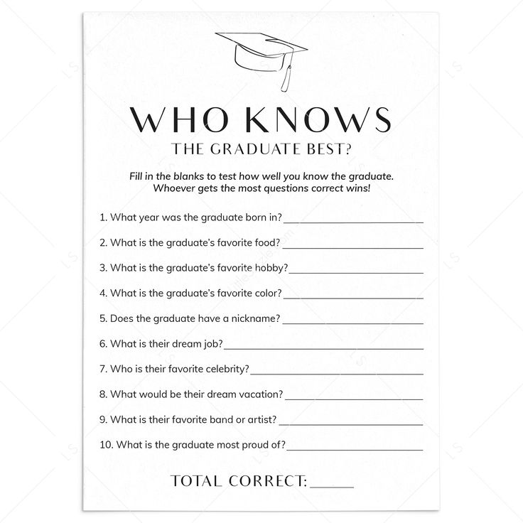 Printable Who Knows The Graduate Best Graduation Party Game by LittleSizzle Graduate Questionnaire, Graduation Party Ideas Games Activities, Nurse Grad Party Games, How Well Do You Know The Graduate, Games To Play At Graduation Party, Things To Do At Graduation Party, Graduation Games Ideas, Graduation Party Game Ideas, Graduation Party Games Activities