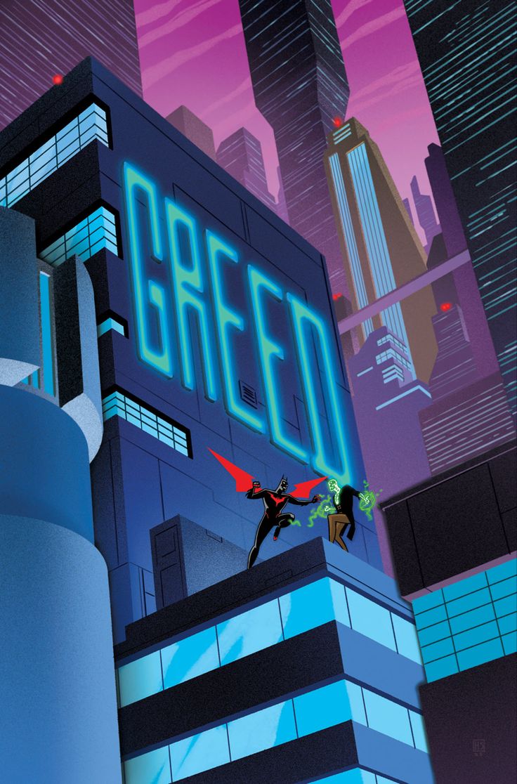 an animated movie poster with batman and green lantern flying in front of a tall building