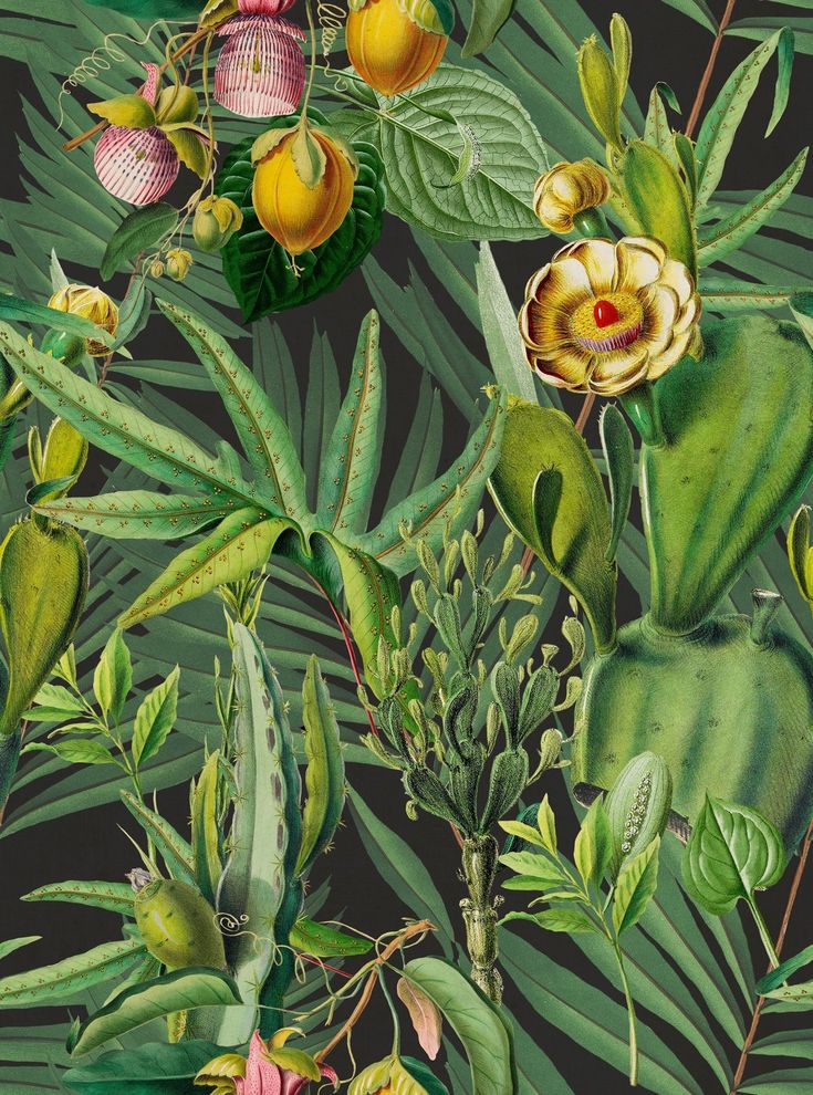 a painting of tropical plants and flowers on a black background with yellow, pink, green leaves