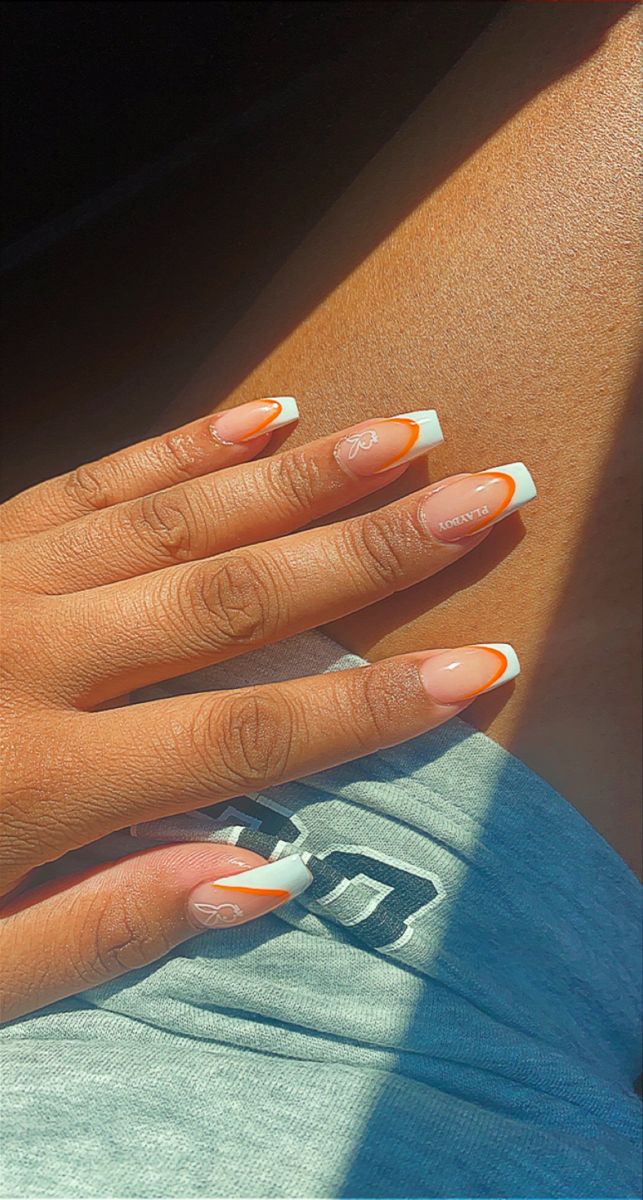 Orange French Tip Nails Acrylics, Orange French Tip Toes, Playboy Acrylic Nails, Unique French Tip Nails Design, Orange Acrylic Nails, Sassy Nails, French Tip Acrylic Nails, Work Nails, Blush Nails