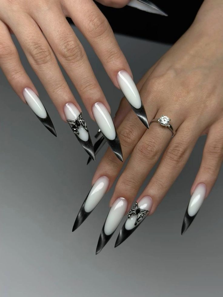 Goth Sharp Nails, Goth Nails Stiletto Long, Sharp Nails, Punk Nails, Gothic Nails, Almond Shape, Long Square Acrylic Nails, White Nail, Glam Nails