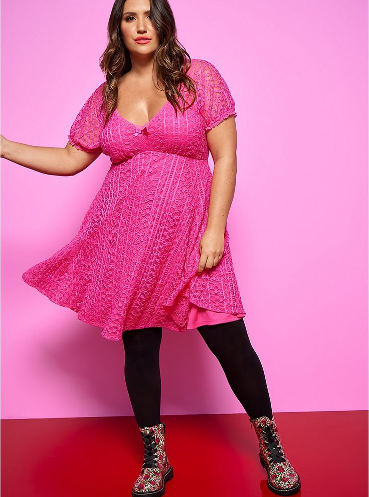 Betsey Johnson Fit & Flare Puff Sleeve Mini Dress - Pink, PINK GLO Betsey Johnson Dress, Vintage Betsey Johnson, Puff Sleeve Mini Dress, Plus Size Cocktail Dresses, Shirred Dress, Mini Skater Dress, Torrid Dresses, Plus Size Womens Clothing, Pink Mini Dresses