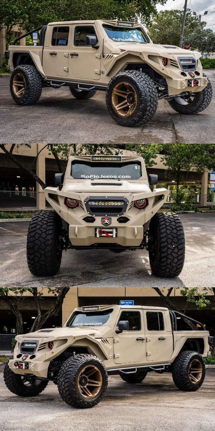 four different views of the front and rear sides of a jeep with gold rims