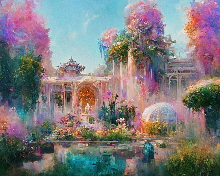 a painting of a garden with lots of flowers and trees in the middle of it