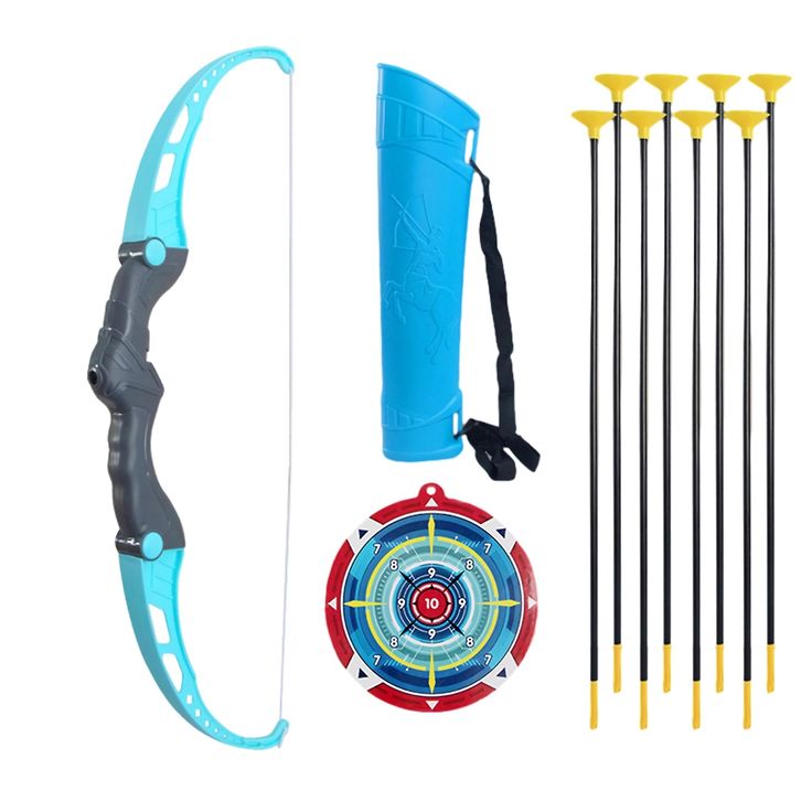 an archery set with arrows, bow and target on a white background next to it's accessories