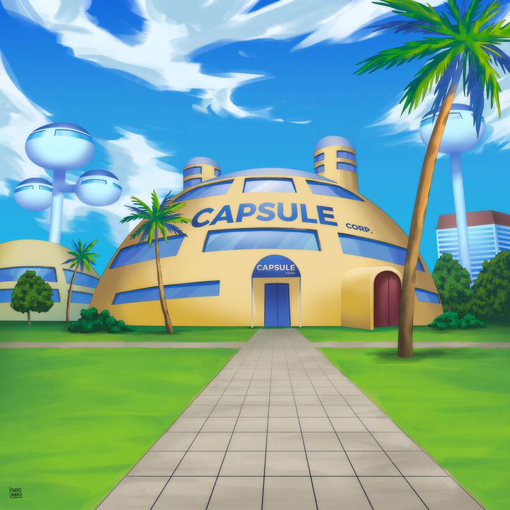 a digital painting of a building with palm trees in the foreground and a walkway leading to it