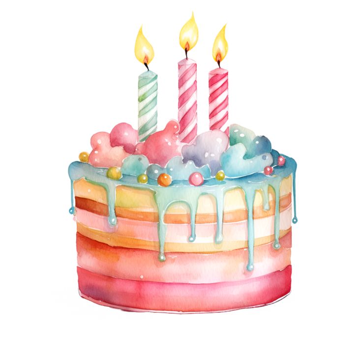 a watercolor painting of a birthday cake with three candles