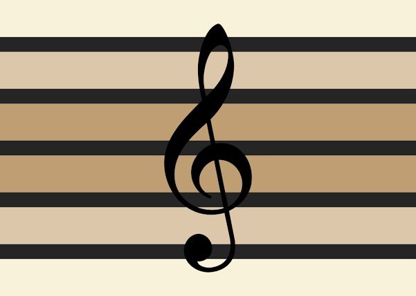 a treble on a striped background with black and tan stripes in the center,