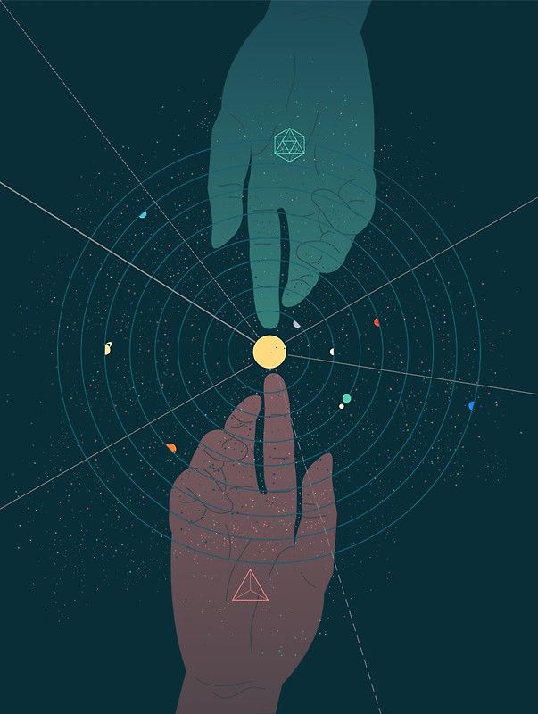 two hands touching each other in front of a black background with circles and dots on it