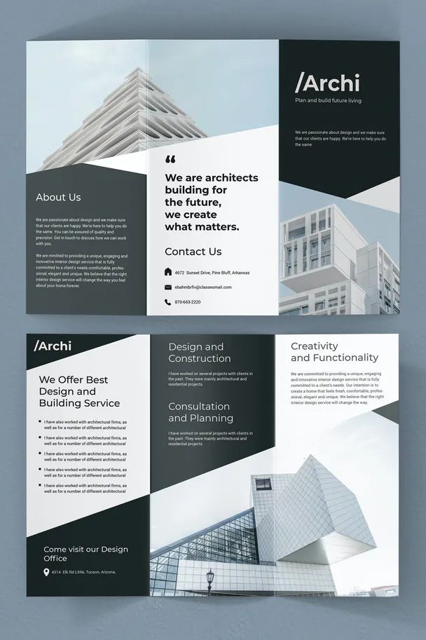 an open fold brochure with black and white geometric shapes