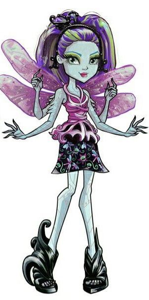 a drawing of a fairy with purple hair and wings on her head, wearing roller skates