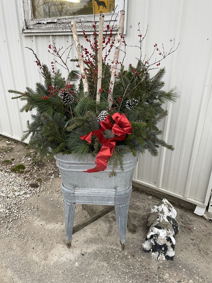 a potted planter with pine cones and evergreens in it next to a dog