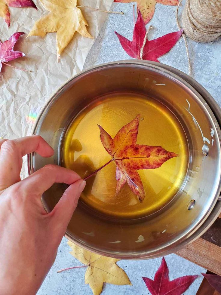 a person is holding a leaf in a metal bowl with water and autumn leaves on the table