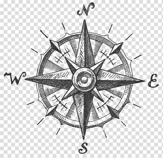 a compass on a white background, with the word's name below it in blue ink