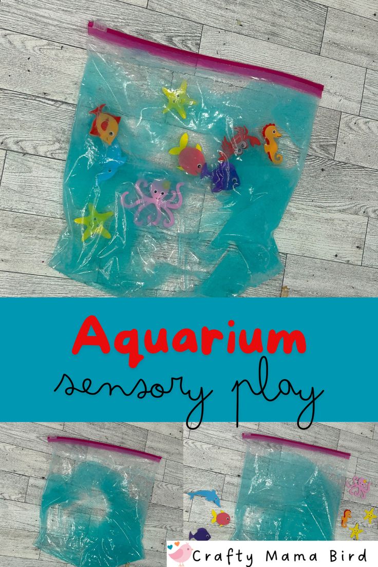 some plastic bags filled with toys on top of a wooden floor and the words, aquarium memory play